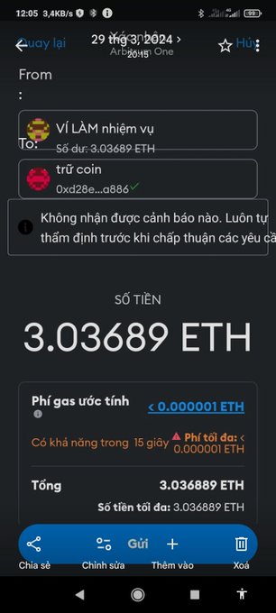 A smartphone screenshot in Vietnamese of a crypto wallet app showing a 3.03689 ETH transaction that failed due to a 'No valid warnings' error.