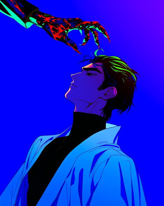 An anime-style illustration of a person with closed eyes wearing a white lab coat, with a menacing, blood-stained clawed hand reaching down from above against a bright blue background.