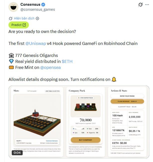 A Twitter/X post from Consensus (@consensus_games) promoting 'The first @Uniswapv4 Hook powered GameFi on Robinhood Chain' with 777 Genesis Oligarchs and free mint on OpenSea.