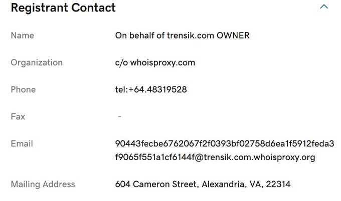 A 'Registrant Contact' information panel showing details for trensik.com owner via whoisproxy.com, including a phone number and a hashed email address.