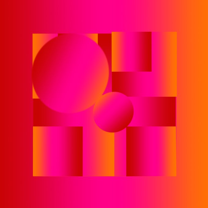 An abstract geometric design featuring gradients of pink, red, and orange with circles and rectangular shapes in a square composition.