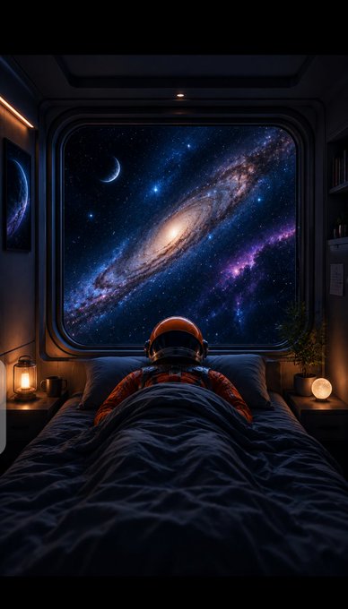 A digital artwork of an astronaut sleeping in a bed on a spacecraft, looking out a large window at a stunning view of a spiral galaxy, stars, and a crescent moon.