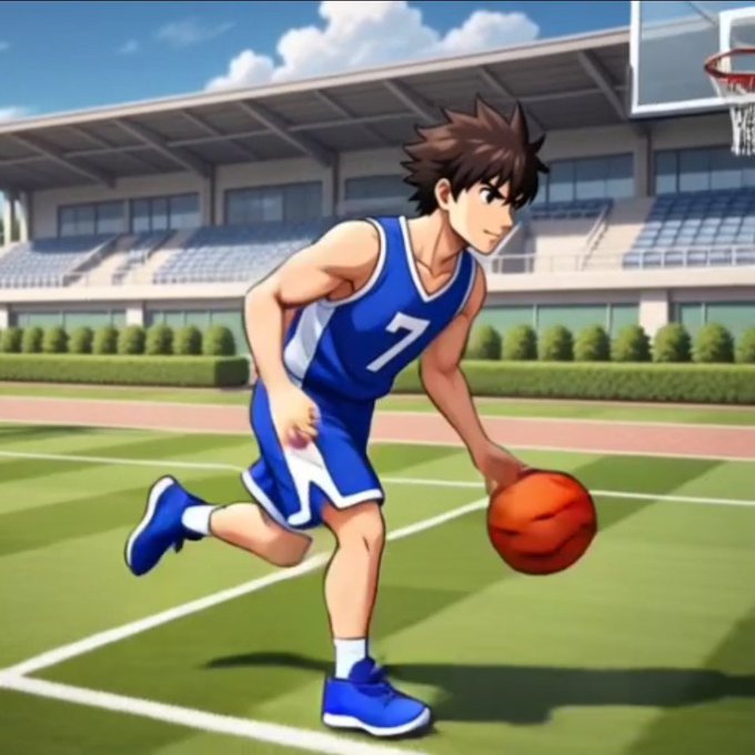Anime-style illustration of a young male basketball player wearing a blue jersey with the number 7, dribbling a basketball on an outdoor court with a stadium in the background.