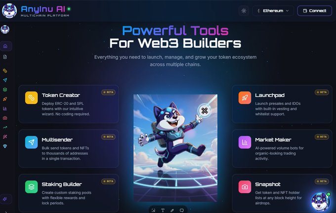 The image is a promotional graphic for "AnyInu AI - Multichain Platform," titled "Powerful Tools For Web3 Builders," showcasing a central illustration of a Husky dog in a spacesuit holding an X symbol, surrounded by six feature cards: Token Creator, Launchpad, Multisender, Market Maker, Staking Builder, and Snapshot, each marked with a "Beta" tag. The graphic supports the post's message by visually highlighting the suite of tools (token deployment, staking, AI market making) that AnyInu built across multiple chains like Ethereum and Solana.