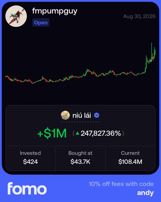 A promotional image for a trading app showing a muscular black dragon-like creature with horns examining a small green butterfly, alongside a user profile for "andy" displaying a remarkable portfolio with a $311 investment in PEPE growing to over $26 million—a 85,209% return on investment.