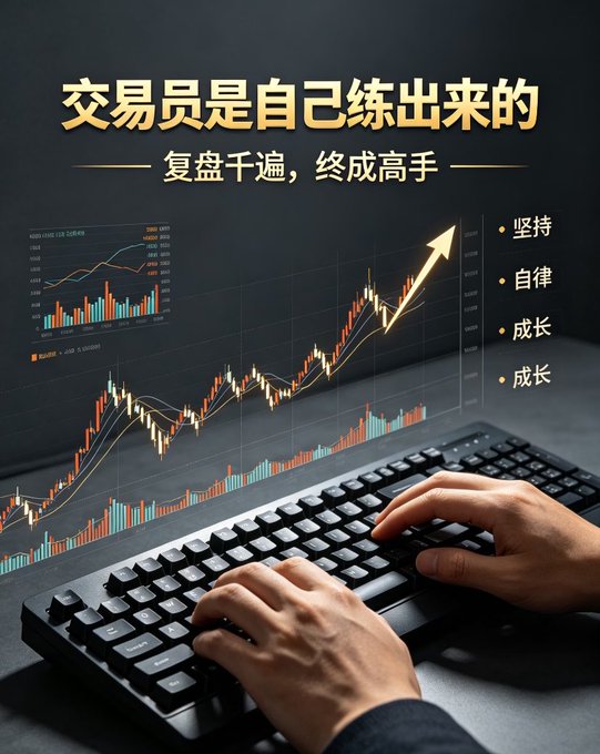 The image shows hands typing on a keyboard with an upward-trending financial chart and glowing arrow in the background, accompanied by Chinese text reading "交易员是自己练出来的" (Traders are self-made) and "复盘千遍，终成高手" (After a thousand reviews, one becomes a master), with bullet points listing "坚持" (Persistence), "自律" (Self-discipline), and "成长" (Growth). The visual reinforces the post's theme that becoming a top trader requires self-cultivation and hard work, depicting the disciplined analysis and review process traders must undertake.