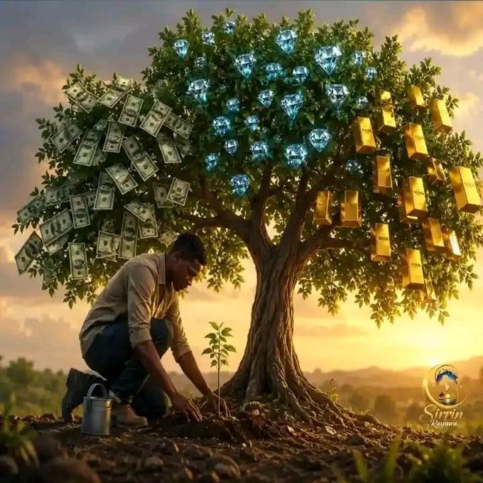 A conceptual digital artwork shows a man planting a sapling beneath a tree whose branches bear leaves, dollar bills, gold bars, and glowing blue diamonds.