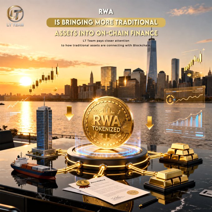 The image showcases a golden "RWA Tokenized" coin surrounded by visual representations of real-world assets—including a building, ship, gold bars, and an investment certificate—set against a city skyline at sunset with financial charts, illustrating LT Team's message about tokenizing traditional assets like equities, gold, and private credit on the blockchain.