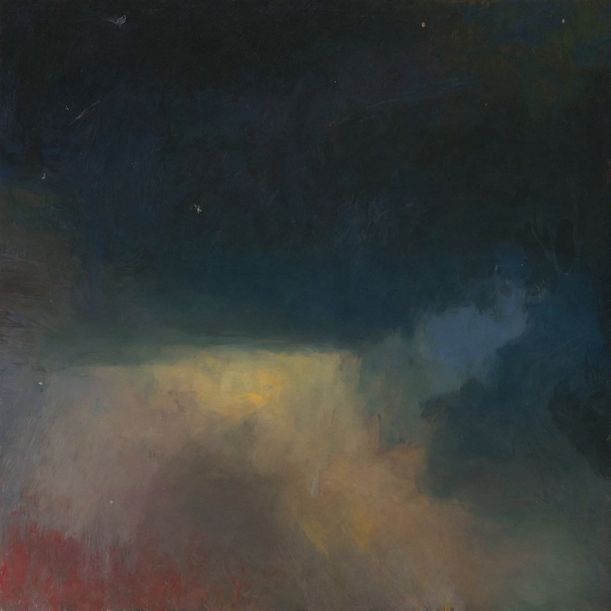 The image features a painting of a dark blue sky with clouds, which appears to be an oil painting. The artist has used a variety of colors including shades of red, yellow, and white to create depth and contrast within the piece. The painting is displayed on canvas, showcasing the artist's skill in capturing the essence of the sky and its elements.