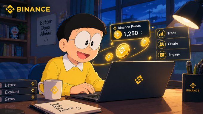 A cartoon-style Binance promotional illustration featuring a person at a laptop with a 'Binance Points 1,250' interface, surrounded by text including 'Better Days Ahead', 'Trade', 'Create', and 'Engage'.
