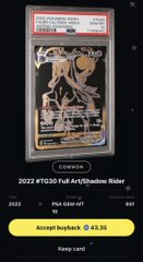 A PSA 10-graded 2022 Panini Full Art Shadow Rider Pokémon card, appraised at $80, is shown in a Gem Mint 10 PSA slab alongside a "Cowswap" verification screen displaying a buy offer of $0.5 (9G) and a "Sorry" message, with text below indicating "Accept buyback @ 0.5" and "Swap card." The image reflects the post's theme by illustrating how Solflare Packs connects collectors to trading opportunities, showing the process of selling a valuable graded card back to a swap service.