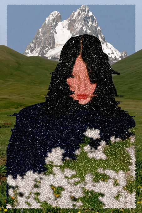 A surreal, pixelated portrait of a figure in a dark cloak with a face made of red speckled textures against a mountain landscape.