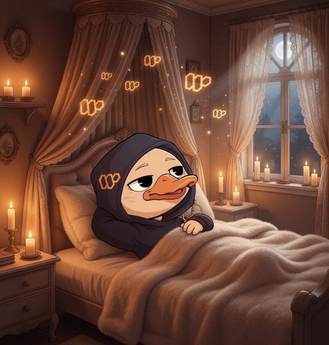 The image features a cartoon duck sitting comfortably in bed with a white pillow. The duck appears to be wearing a hoodie or a sweater, giving it a cozy appearance. The background of the image shows a window that allows natural light into the room, creating a warm and inviting atmosphere. There are also several candles on the windowsill, adding an element of tranquility and relaxation to the scene.