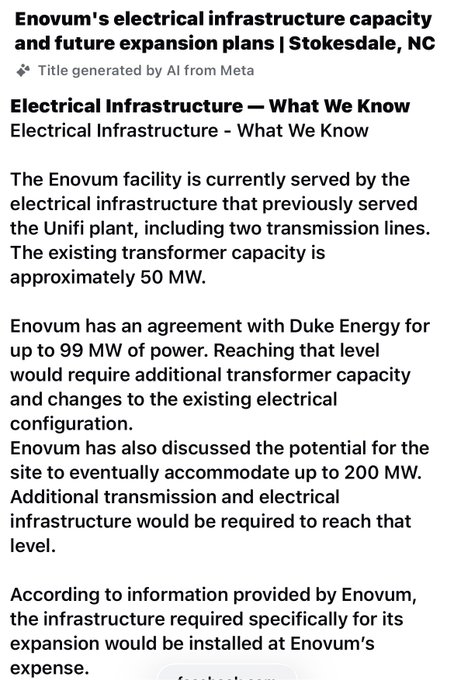 An informational text excerpt titled 'Enovum's electrical infrastructure capacity and future expansion plans | Stokesdale, NC' detailing that the facility has approximately 50 MW existing transformer capacity, an agreement for up to 99 MW with Duke Energy, and potential for 200 MW.