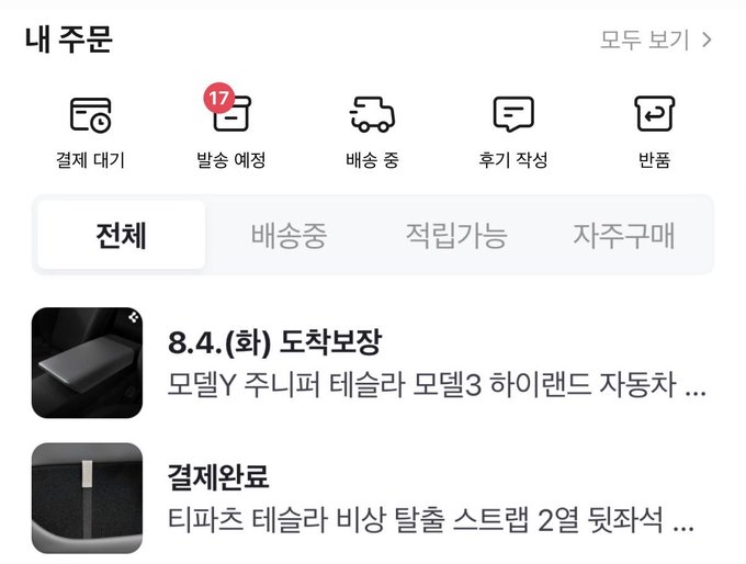 The image shows a Korean-language Tesla order account page ("내 주문") with navigation tabs for upcoming orders ("배송 예정"), in-transit ("배송 중"), and pickup ("휴가 작성"), along with order summaries including a Model Y Juniper Tesla Model 3 Highland car mat scheduled for 8/4 (Mon) delivery and a Tesla tissue box case with a 2-piece backseat strap set, with 17 items total. This corresponds to the post's message that even ordering only the "absolute basics" from Tesla results in a substantial number of orders, with the items visible being small accessories rather than vehicles.