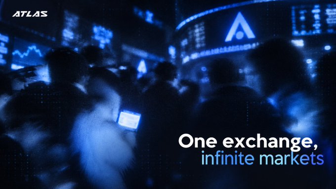 A promotional graphic for Atlas Exchange with the tagline 'One exchange, infinite markets', showing a dark, blue-tinted scene of a busy trading floor.