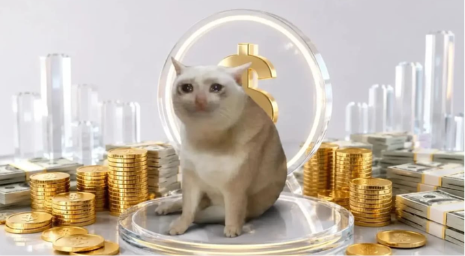 A white cat sits inside a transparent display case behind a golden dollar sign, surrounded by stacks of gold coins, cash bundles, and gold bars against a city skyline. The image reinforces the $CASHCAT post by visually symbolizing the meme coin's wealth-building narrative and its perceived resilience following an 85% drawdown, with the dollar sign framing the cat as the centerpiece of a "major expansion."