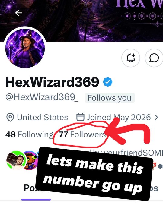 Twitter/X profile page for 'HexWizard369' (@HexWizard369_) showing 77 followers, with a red arrow and text overlay reading 'lets make this number go up'.
