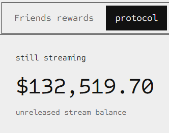 A digital dashboard interface showing 'Friends rewards' and 'protocol' tabs, with text reading 'still streaming' and a large figure of '$132,519.70' labeled 'unreleased stream balance.'