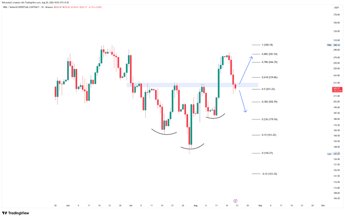 A TradingView candlestick chart of HSI1! Perpetual Contract showing support/resistance levels labeled 1 (305.16), 0.786 (294.70), 0.618 (278.86), 0.5 (271.22), 0.382 (263.59), 0.236 (249.54), 0 (225.27), and -0.5 (223.33).