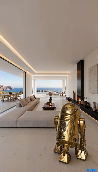 A modern minimalist living room with ocean views featuring a large beige sectional sofa, where a gold-plated R2-D2-style droid stands on the polished floor, branded with 'veve' in the corner.