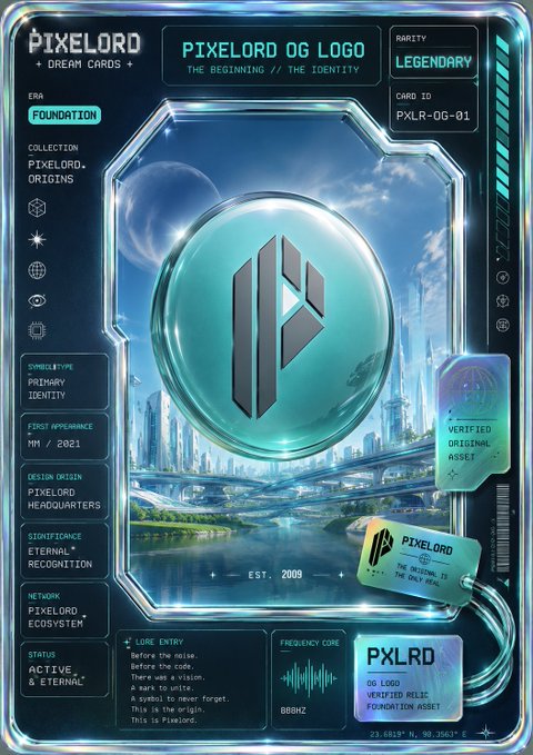 The image features a poster or card with a blue background, featuring an illustration of a cityscape with a large blue circle containing the letters "PXL" at its center. The text on the card reads "PXLORD DREAM CARDS". Below this, there is a list of items to consider when purchasing the card, including "The Beginning of the Identity", "The Foundation", and "Legendary".