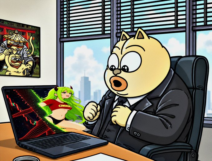 A cartoon illustration of a dog character in a black suit sitting at a desk in front of a laptop, with an anime girl with green hair popping out of the screen and Japanese-style artwork on the wall.