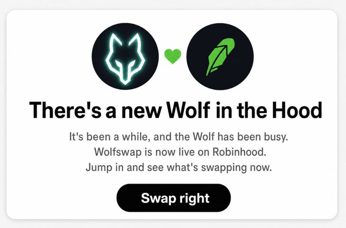 A promotional banner announcing 'There's a new Wolf in the Hood' with a wolf and feather logo, indicating Wolfswap is now live on Robinhood.