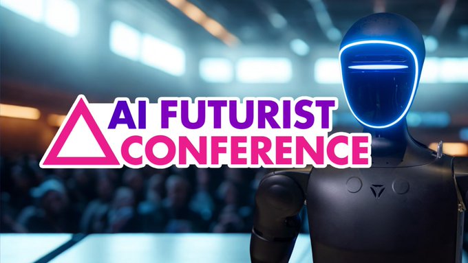 The image is a promotional graphic for the "AI Futurist Conference," featuring a humanoid robot with a glowing blue visor standing before a crowd at a tech event. The bold pink and purple logo overlays the scene, visually reinforcing the conference's focus on artificial intelligence and futuristic technology.