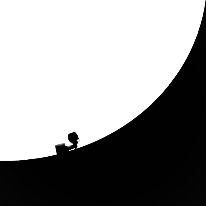 A minimalist black and white silhouette illustration of a small figure (possibly a child) climbing up a curved slope against a white background.