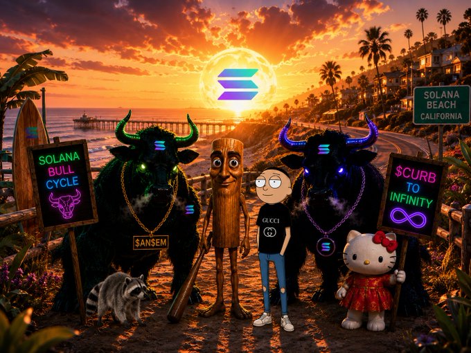 A colorful Solana Beach sunrise scene features neon bulls flanking a cartoon Andreessen-style character wearing "ANSEM," alongside a "SOLANA BULL CYCLE" sign and "$CURB TO INFINITY" billboard, visually promoting the $SOL, $ANSEM, and $CURB tickers for bullish Solana traders. A Hello Kitty figure in a Gucci-style outfit completes the meme lineup tying into the morning crypto hype.