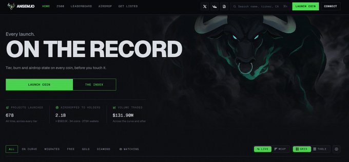 The homepage of the 'ANSEM' website, themed 'ON THE RECORD,' featuring a green 'LAUNCH COIN' button and showing stats like 678 products launched and $131.90M volume traded.