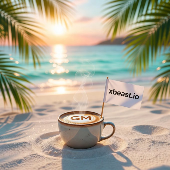 A tropical beach scene at sunset featuring a cappuccino with 'GM' latte art and a small flag reading 'xbeast.io' planted in the sand next to palm leaves.