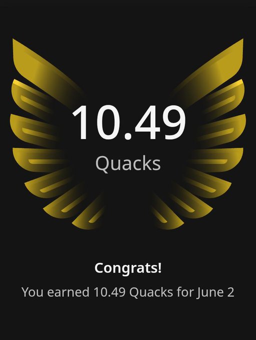 The image features an award for the highest number of Quacks posted by @FIH_USD1, with a gold-colored bird's wing design as its background. The text "Happy hump day CT Ever since I missed one day of posting about @wallchain, I have been receiving low Quacks, meanwhile I'm 40 Quacks away from hitting 1500 Quacks." indicates that the post was created on June 2nd and has received a total of 1049 Quacks for its content. The bird's wing design serves as an eye-catching background to highlight the achievement.