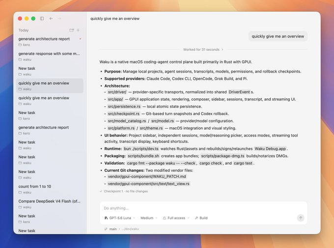 Waku AI assistant interface on macOS shows a chat titled "quickly give me an overview" with a detailed response describing Waku as a native macOS coding-agent control plane built in Rust with GPUI, breaking down its purpose, supported providers (Claude Code, Codex CLI, OpenCode, Grok Build, Pi), architecture files, UI behavior, runtime, packaging, validation, and current Git changes. The interface sidebar lists various tasks, and the caption relates to the post by humorously suggesting a developer turned to Waku to quickly summarize code when their main project was delayed and they had exhausted their tokens.