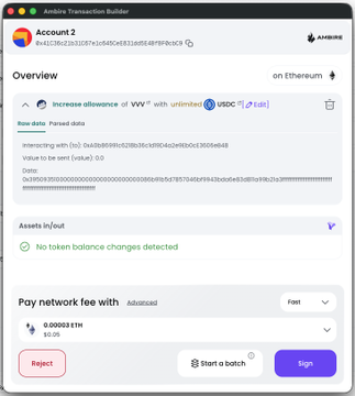 The screenshot displays the Ambire Transaction Builder interface showing "Account 2" with an "Increase allowance of W⅄" transaction requesting "unlimited" USDC on Ethereum, accompanied by a warning icon flagged as "[-2 dots]" since it's not in the approved app catalogue.

This image illustrates point #2 from the post, demonstrating Ambire v6.18.7's new security feature that displays a warning when dapps request unlimited token approvals outside of Ambire's verified app catalogue.