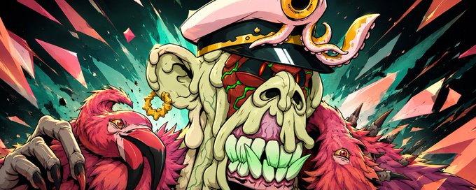A bizarre, cartoonish character with a wide, toothy grin wears a captain's hat adorned with a tentacled creature, flanked by two red birds against a vibrant, shattered background—capturing the wild, surreal energy of the "Just wow" reaction.