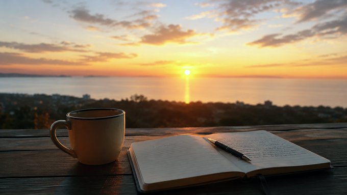 An open journal with handwritten notes and a pen sitting next to a white mug on a wooden surface, overlooking a sunset over the ocean.