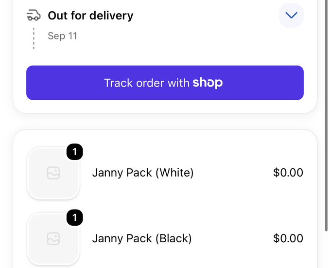 An order tracking screen shows 'Out for delivery' status dated Sep 11, with a purple 'Track order with shop' button above two 'Janny Pack' items (White and Black) priced at $0.00 each.