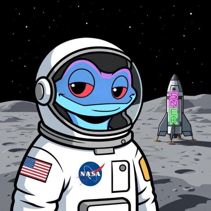 A cartoon illustration of a blue, lizard-like character wearing a NASA spacesuit and American flag patch on the moon, with a rocket labeled 'J2K' in the background.