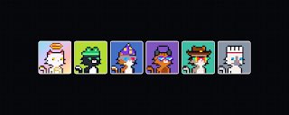 A pixel art illustration displays six cute character icons arranged in a horizontal row against a dark background.