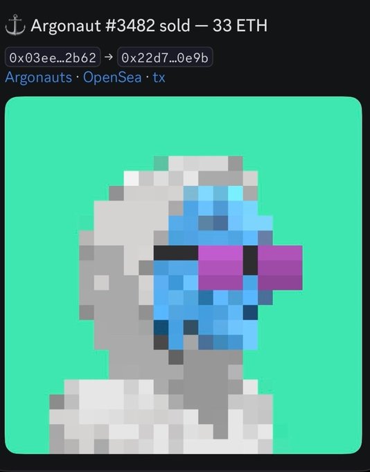 A pixel art NFT listing shows a blue and gray character with purple sunglasses, titled 'Argonaut #3482 sold — 33 ETH' on OpenSea.