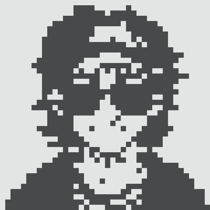 A high-contrast, two-tone pixelated silhouette portrait in dark blue and white, depicting a figure wearing glasses and headphones.