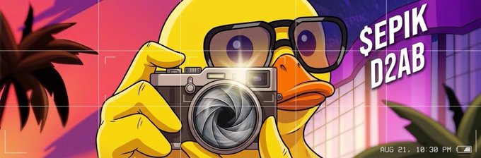 A cartoon yellow duck wearing sunglasses holds a camera, with text reading "$EPIK D2AB" and a timestamp of "AUG 21, 10:30 PM" in a vaporwave-style scene.
