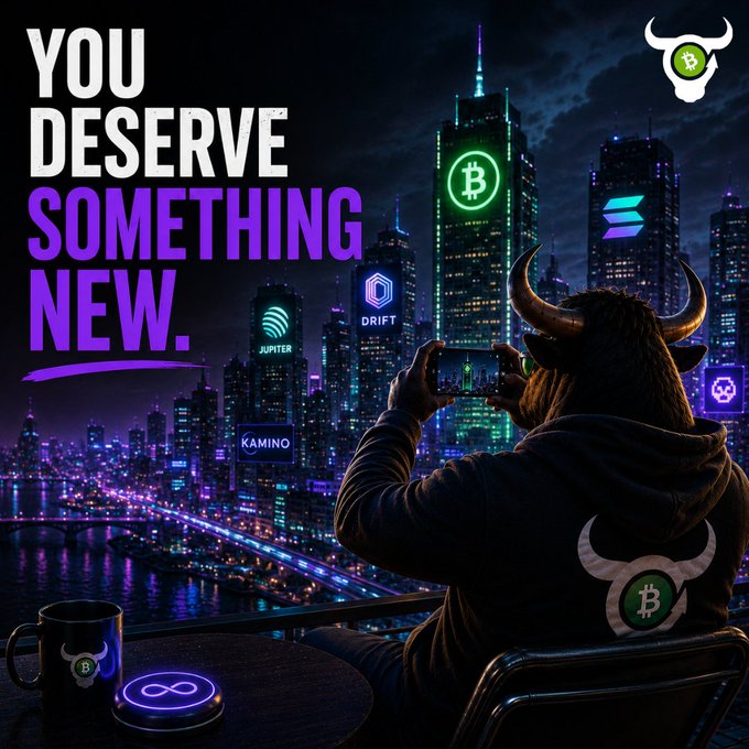 A cryptocurrency promotional graphic featuring a horned figure photographing a cyberpunk cityscape, with text 'YOU DESERVE SOMETHING NEW' and logos for Bitcoin, Jupiter, Drift, Kamino, and Solana.