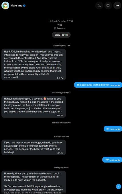 Screenshot of a Twitter DM conversation between "Maksims" and "The Best Club on the Internet" discussing the BAYC NFT community's decline and shared beliefs.
