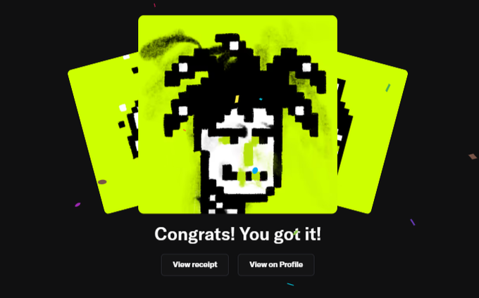 Pixel art graphic on a yellow background showing a black-haired character giving a thumbs up with confetti, captioned 'Congrats! You got it!' with 'View receipt' and 'View on Profile' buttons.