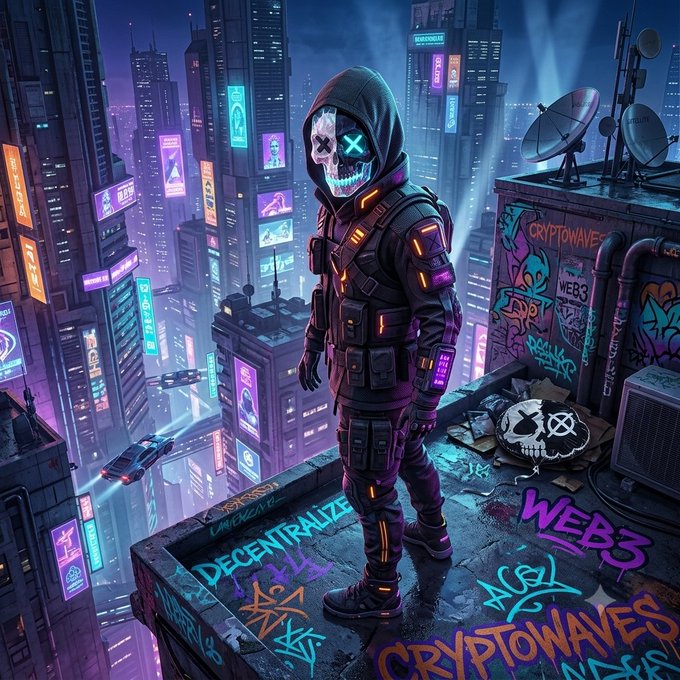 A cyberpunk-style digital artwork of a hooded figure with a skull mask standing on a graffiti-covered rooftop overlooking a neon-lit city, with tags including 'WEB3', 'DECENTRALIZE', and 'CRYPTOWAVES'.