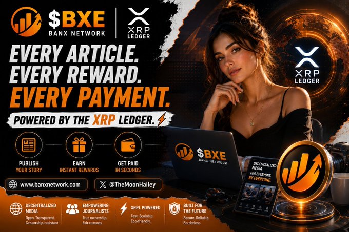 A promotional graphic for $BXE Banx Network featuring a woman working on a laptop, with bold text reading "EVERY ARTICLE. EVERY REWARD. EVERY PAYMENT. POWERED BY THE XRP LEDGER" alongside the XRPL logo. The image highlights the platform's decentralized media features—publishing, earning instant rewards, and getting paid in seconds—and aligns with the post's message about $BXE leveraging the XRP Ledger for content monetization.