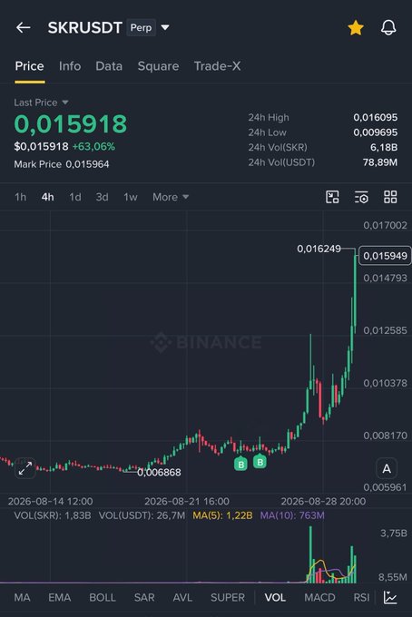 A Binance perpetual futures chart for **SKRUSDT** shows a strong bullish rally, with the last price at **0.015918 USDT (+63.06%)**, surging from a recent low of **0.006868** to a high of **0.016249**, visually illustrating the poster's successful re-entry and current +100% profit after initially cutting losses.
